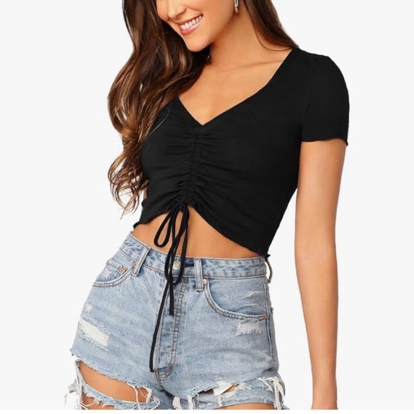 🏰🆕🩷SHE + SKY: MISTY ROSE Rib Knit Drawstring Ruched Front Top LARGE - Picture 6 of 10